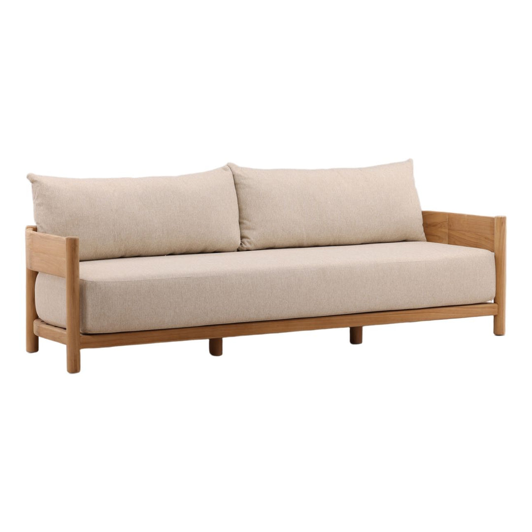 Lisren Sand Teak Outdoor Sofa, three-quarter studio view