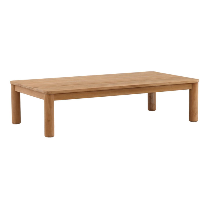 Liora Teak Outdoor Coffee Table, three-quarter studio view