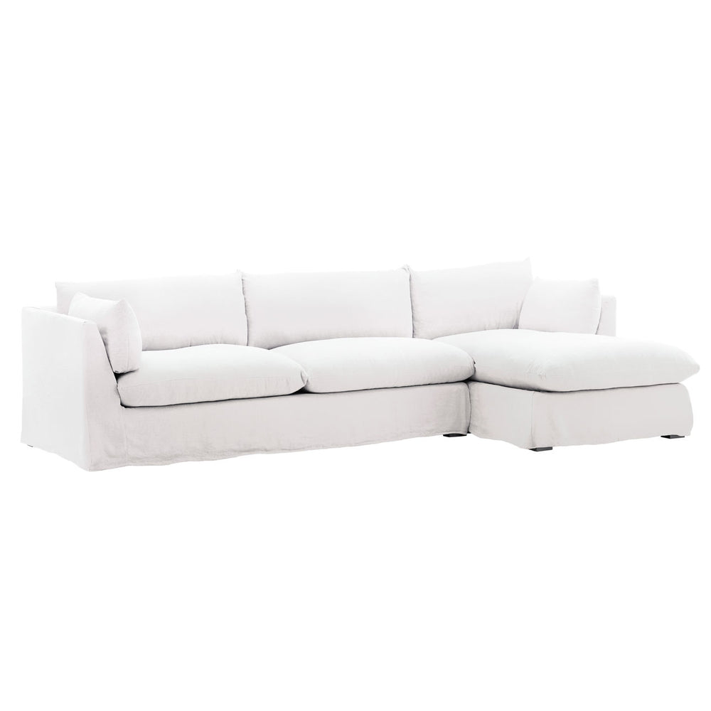 Otren Two-Piece Slipcovered Chaise Sectional, Right-side chaise · White, three-quarter studio view
