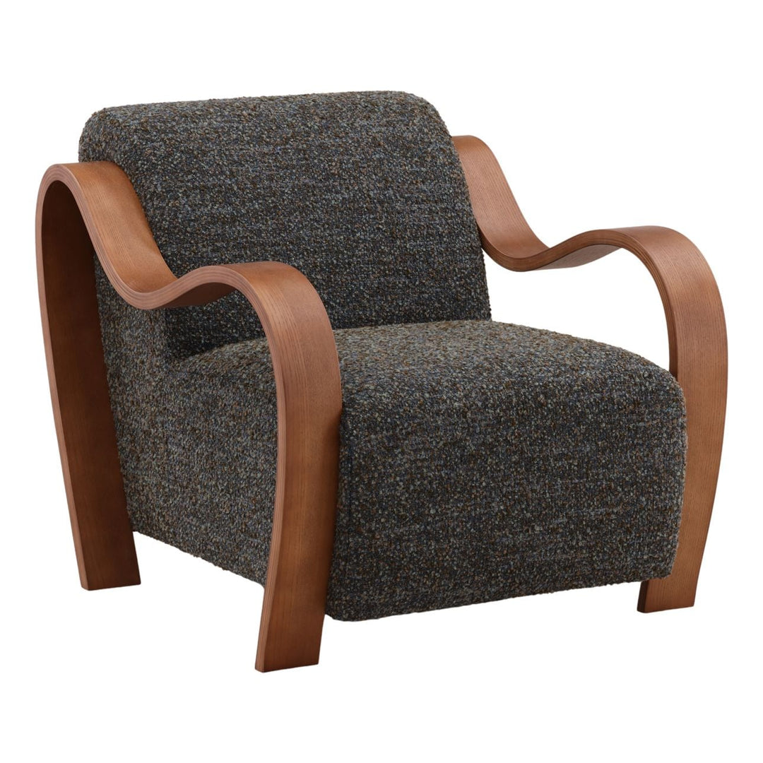 Amara Upholstered Oak Lounge Chair, Blue, three-quarter studio view
