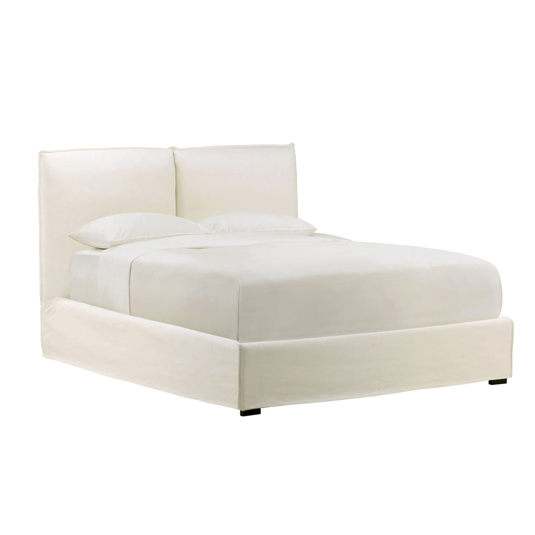 Orion Off-White Linen Bed, Queen, three-quarter studio view