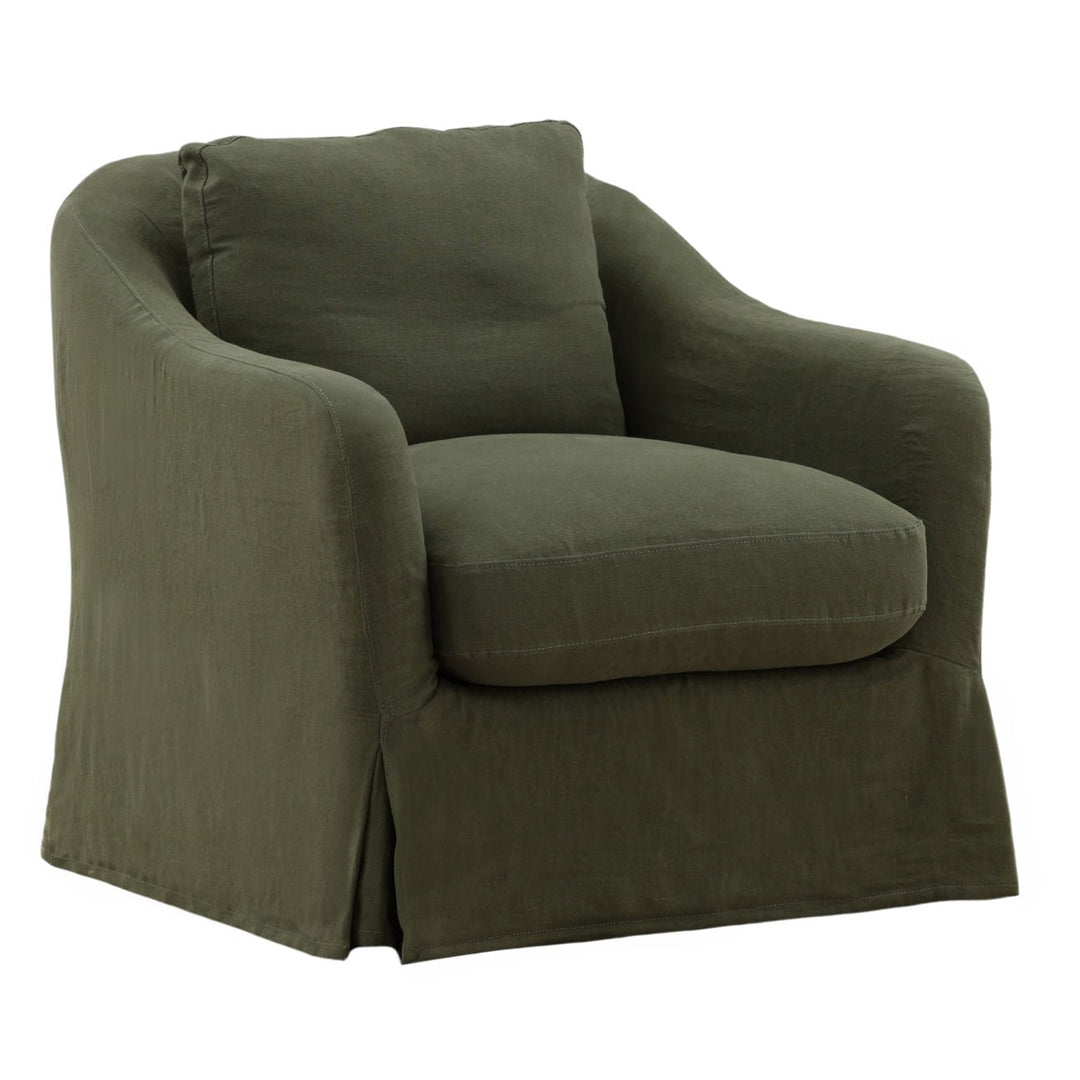 Amelle Linen Swivel Chair, Olive, three-quarter studio view