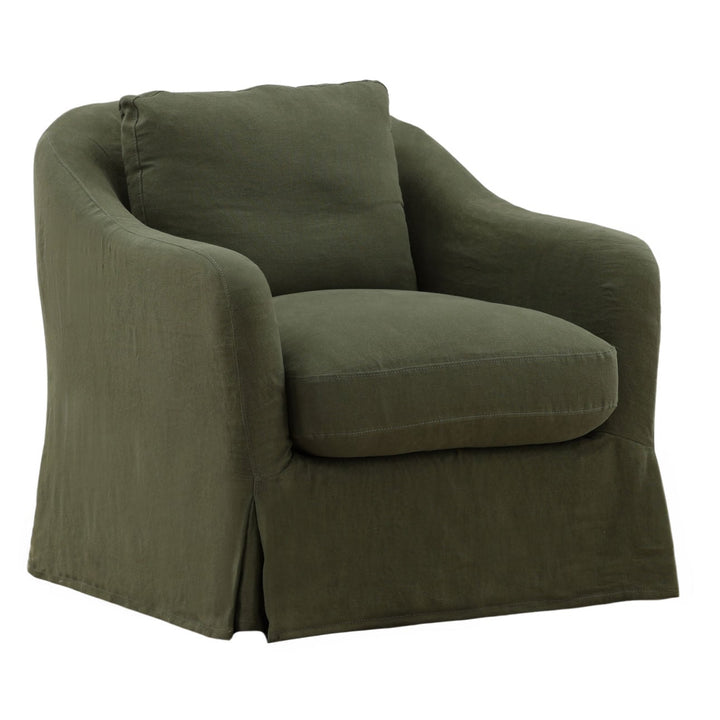 Amelle Linen Swivel Chair, Olive, three-quarter studio view
