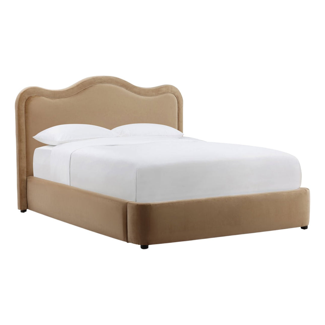 Sienna Camel Velvet Bed, three-quarter studio view