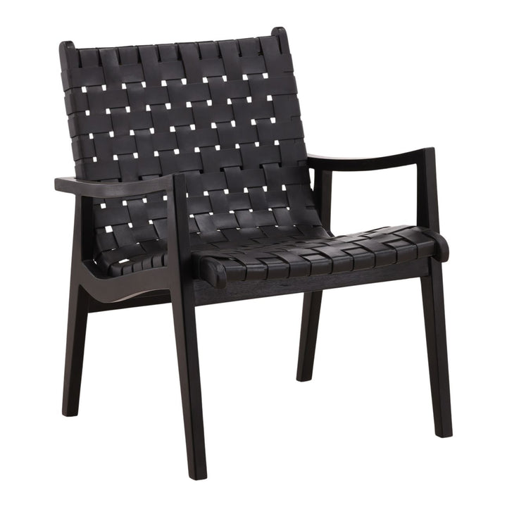 Luiselle Black Leather and Teak Lounge Chair, three-quarter studio view