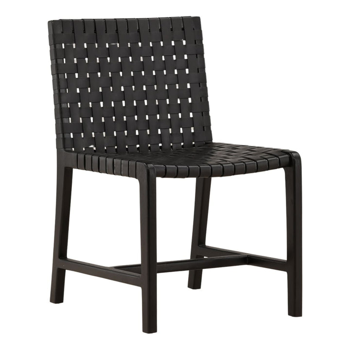 Benton Leather and Teak Dining Chair, Black, three-quarter studio view