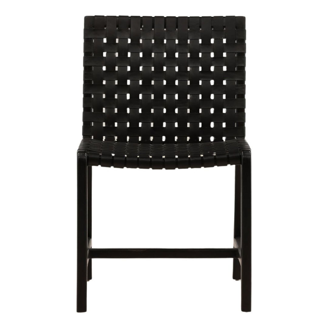 Benton Leather and Teak Dining Chair, Black, front view