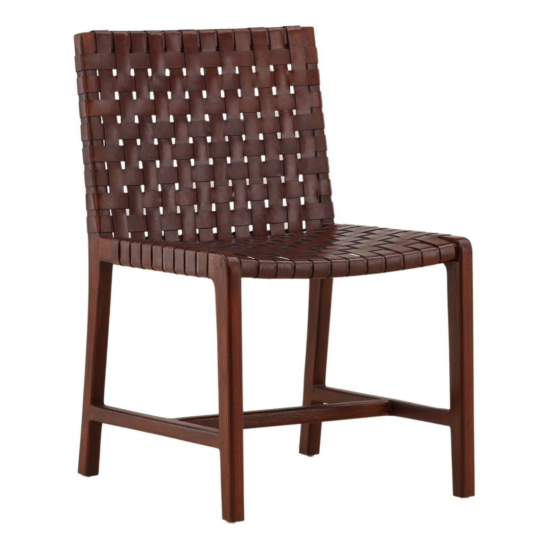 Benton Leather and Teak Dining Chair, Antique Brown, three-quarter studio view
