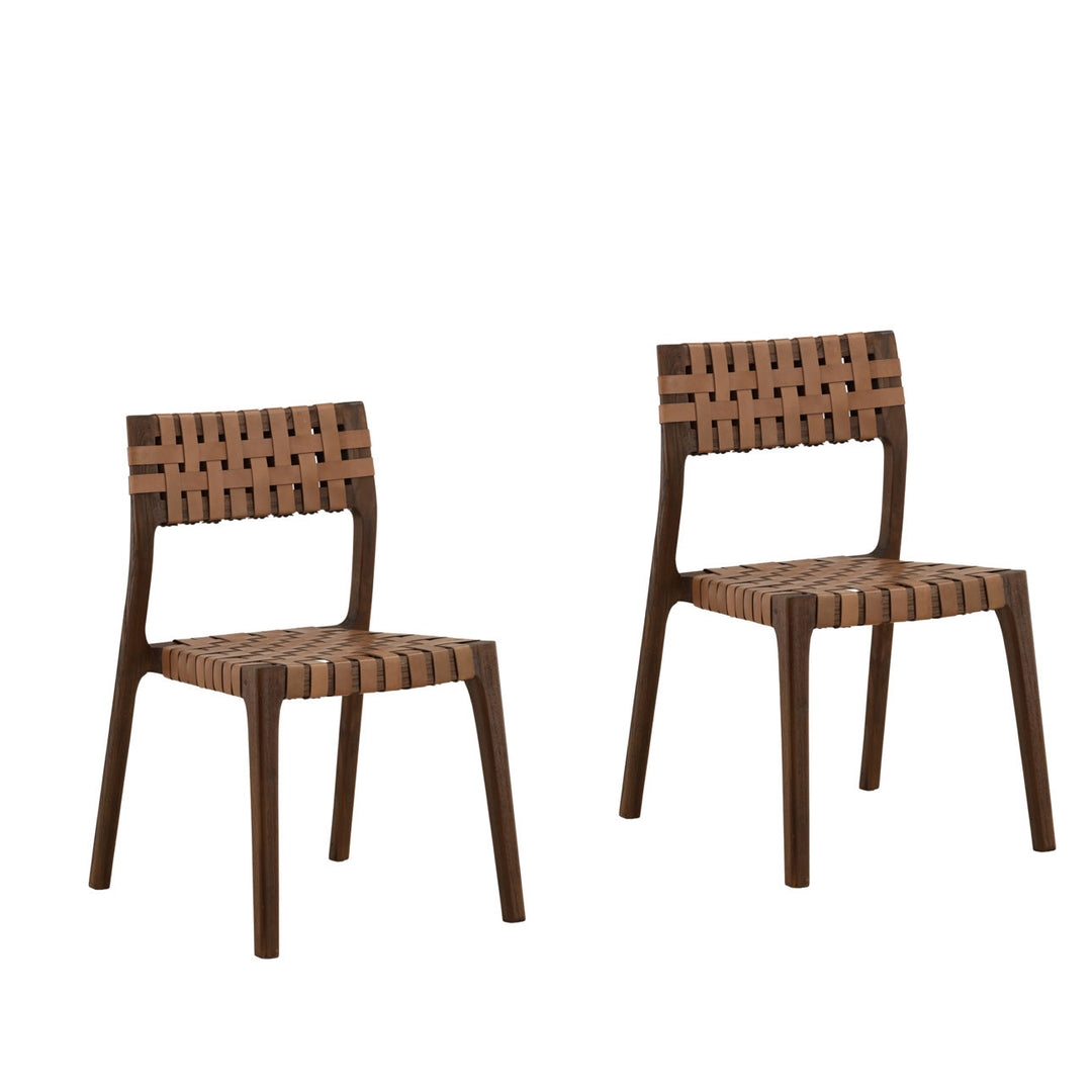 Leighton Leather and Teak Dining Chairs, Set of 2, Brown, three-quarter studio view