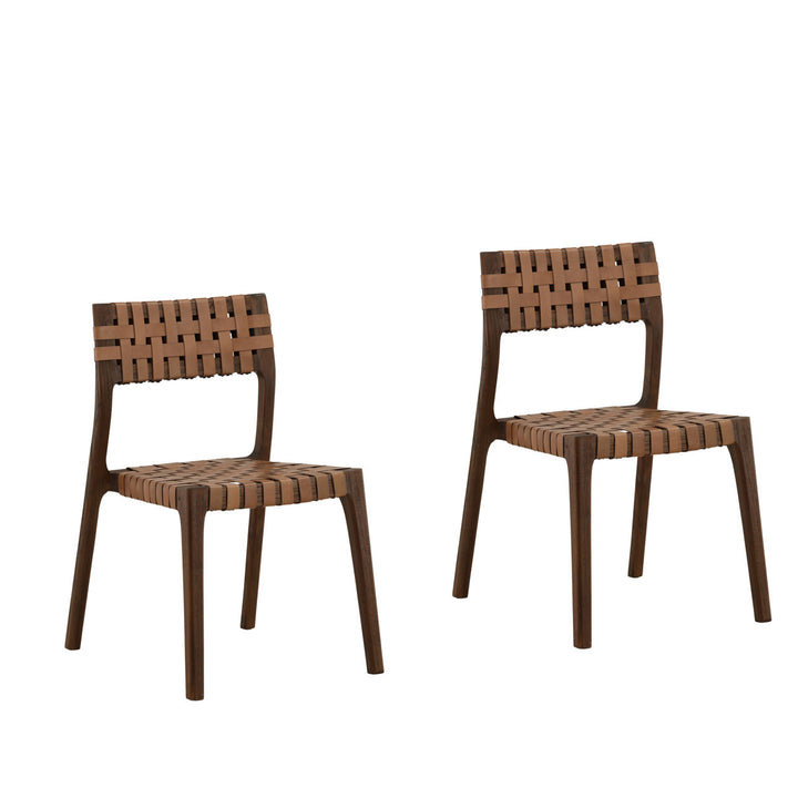 Leighton Leather and Teak Dining Chairs, Set of 2, Brown, three-quarter studio view