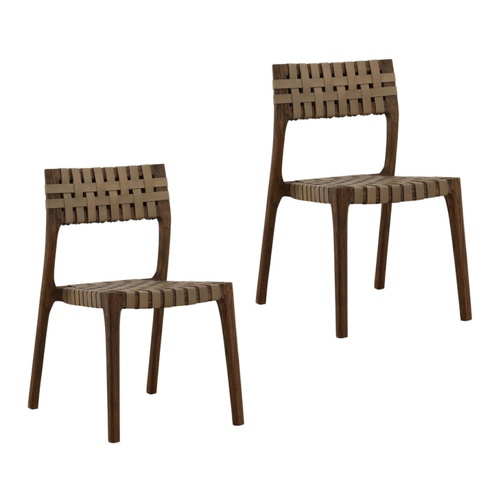 Leighton Leather and Teak Dining Chairs, Set of 2, Green, three-quarter studio view
