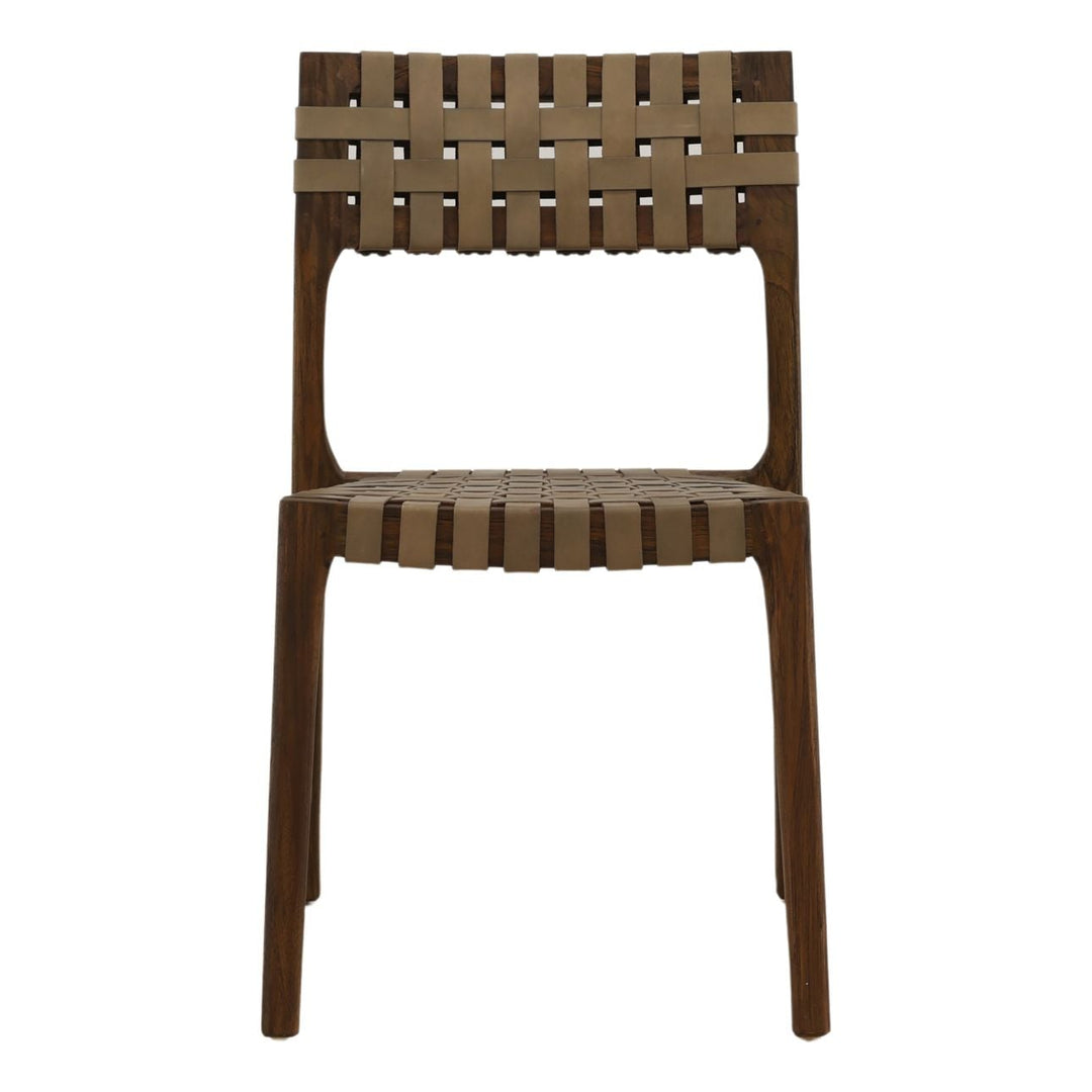 Leighton Leather and Teak Dining Chairs, Set of 2, Green, front view