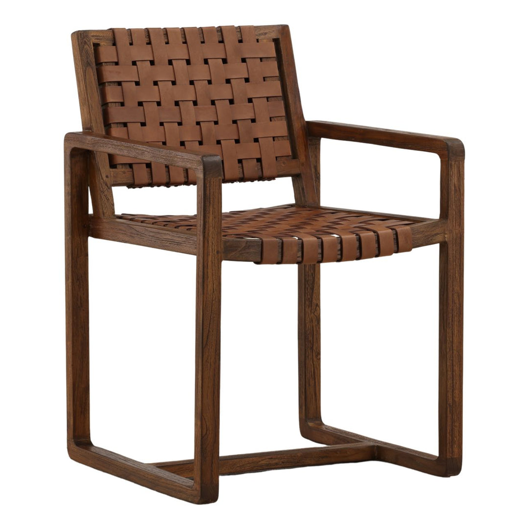 Ridley Leather and Teak Dining Chair, three-quarter studio view
