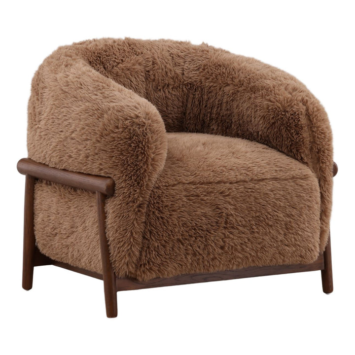 Presden Faux Fur Wood Frame Lounge Chair, Brown, three-quarter studio view