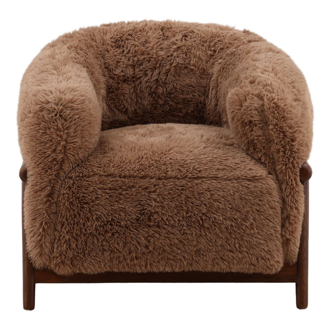 Presden Faux Fur Wood Frame Lounge Chair, Brown, front view