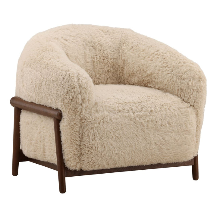 Presden Faux Fur Wood Frame Lounge Chair, Cream, three-quarter studio view