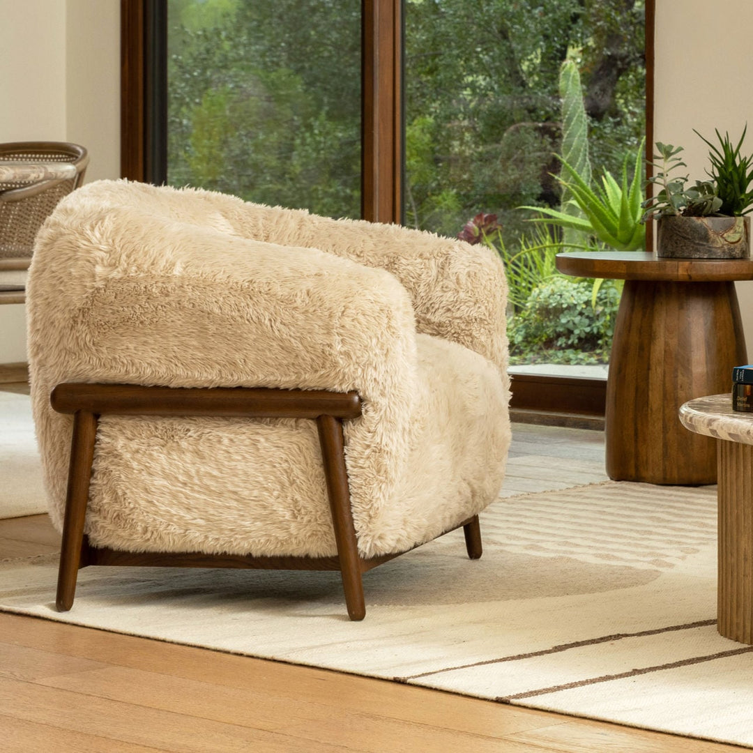 Presden Faux Fur Wood Frame Lounge Chair, Cream, lifestyle view