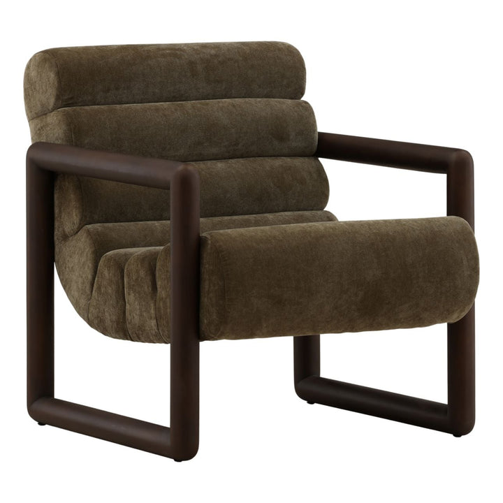 Adelan Velvet and Elm Lounge Chair, Olive, three-quarter studio view