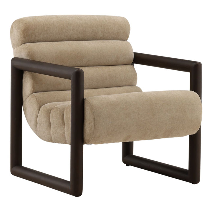 Adelan Velvet and Elm Lounge Chair, Sand, three-quarter studio view