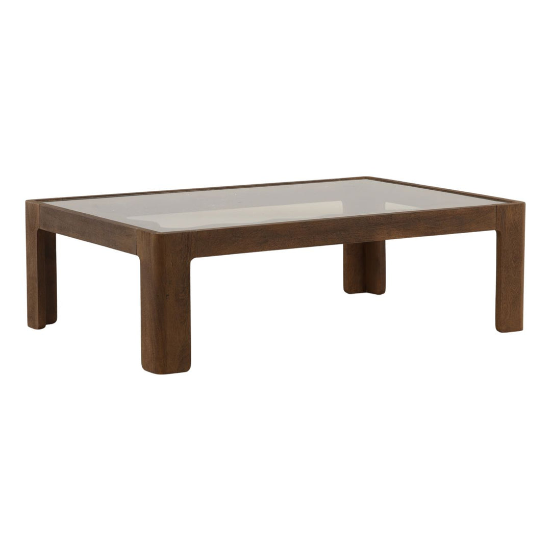 Alden Glass Top Wood Coffee Table, three-quarter studio view