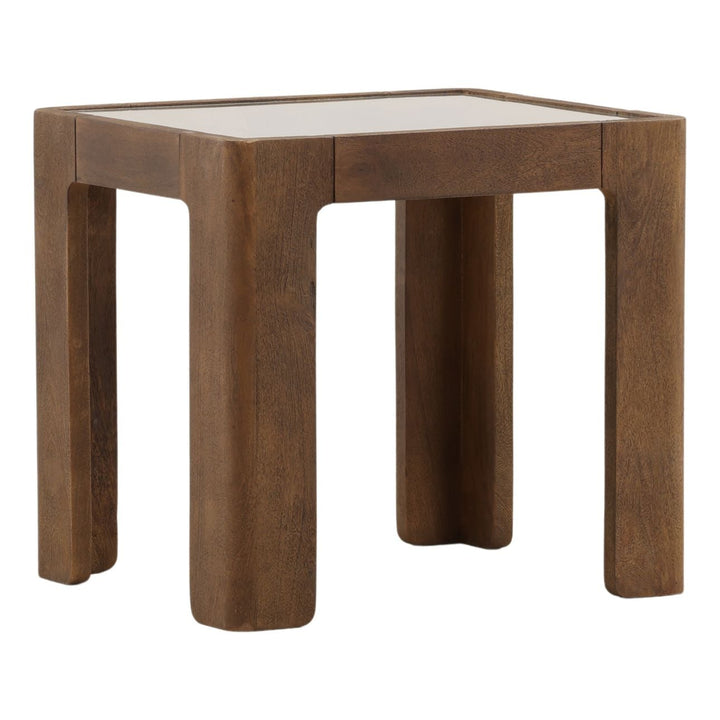 Alden Glass Top Wood Side Table, three-quarter studio view