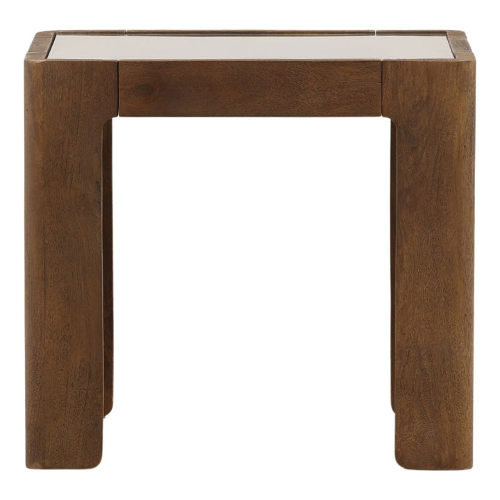 Alden Glass Top Wood Side Table, front view