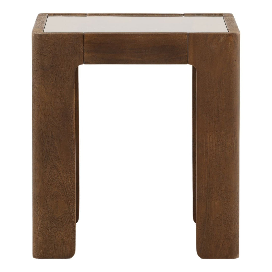 Alden Glass Top Wood Side Table, profile view