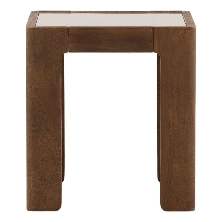Alden Glass Top Wood Side Table, profile view
