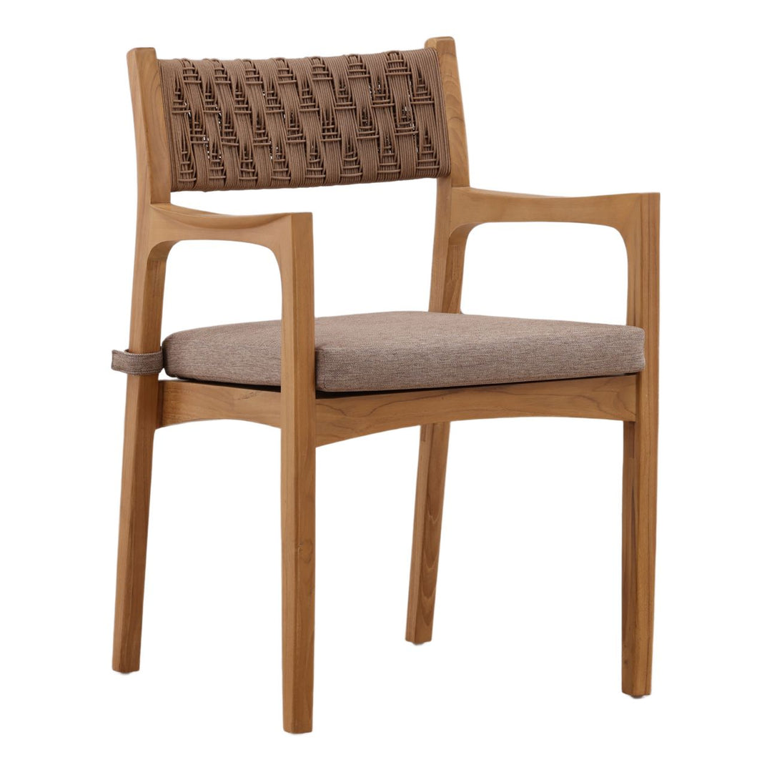 Sora Brown Rattan Outdoor Dining Chair, three-quarter studio view