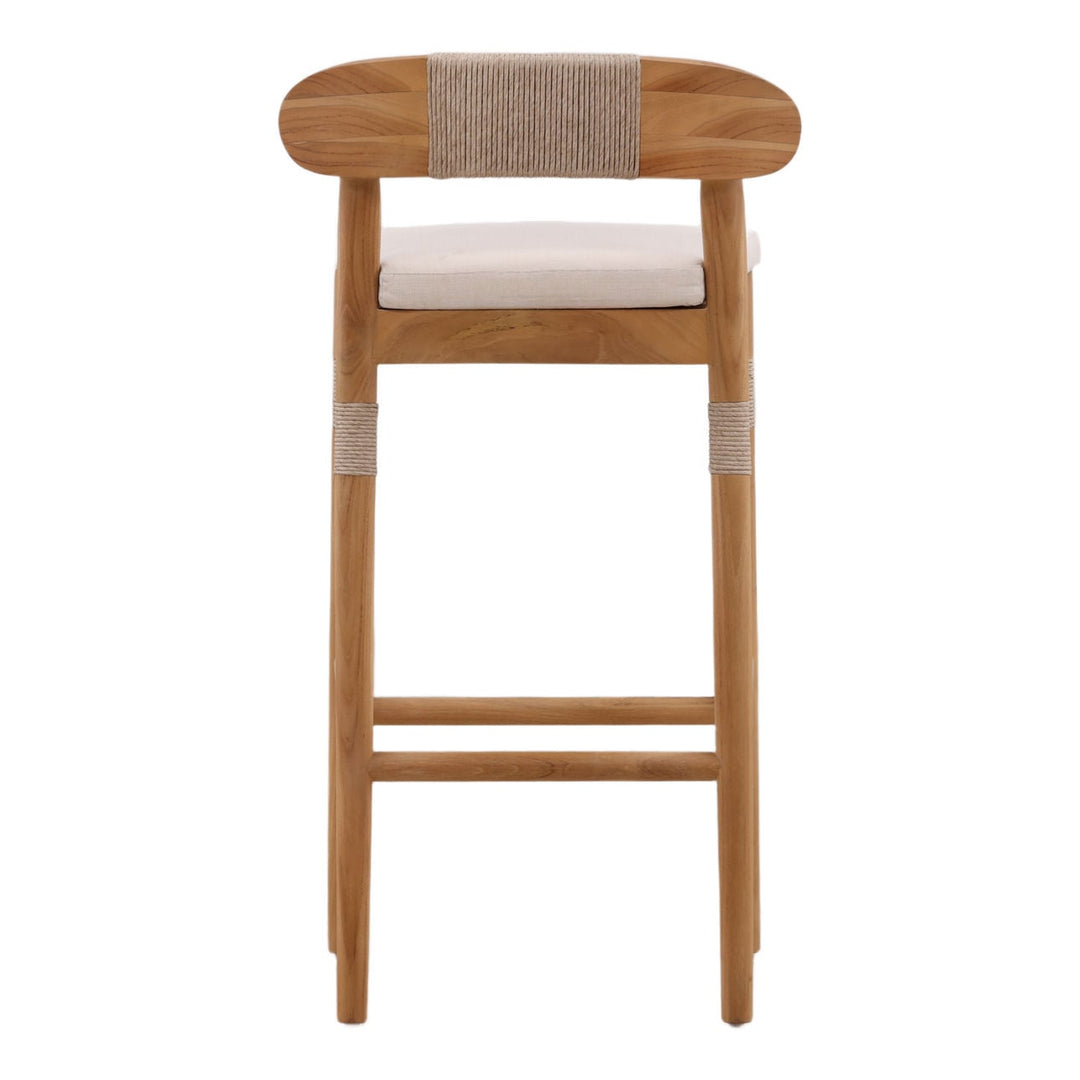 Lunelle Sand Woven Teak Outdoor Bar Stool, back view