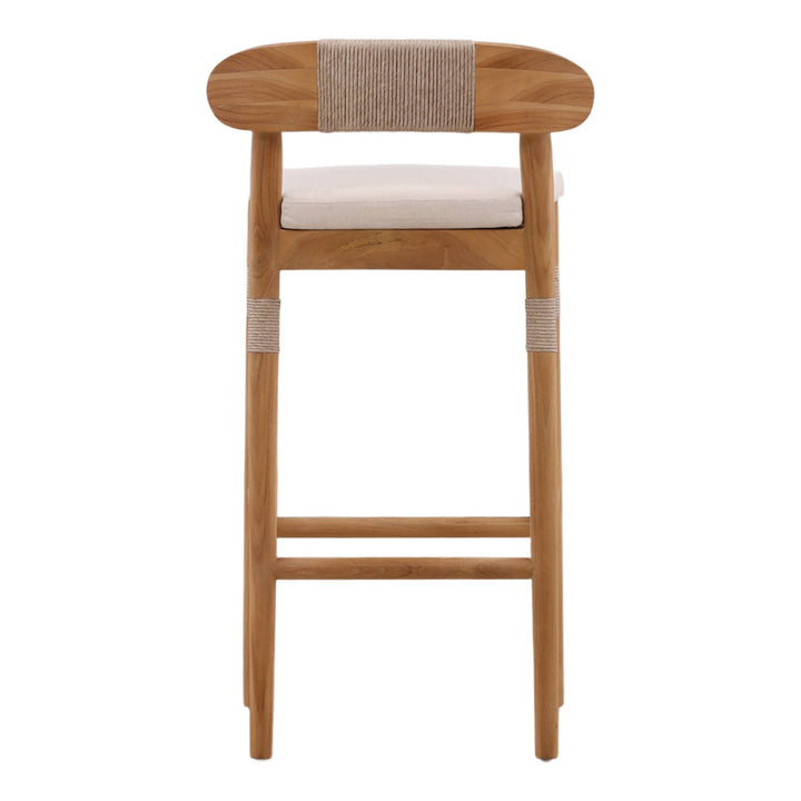Lunelle Sand Woven Teak Outdoor Bar Stool, back view