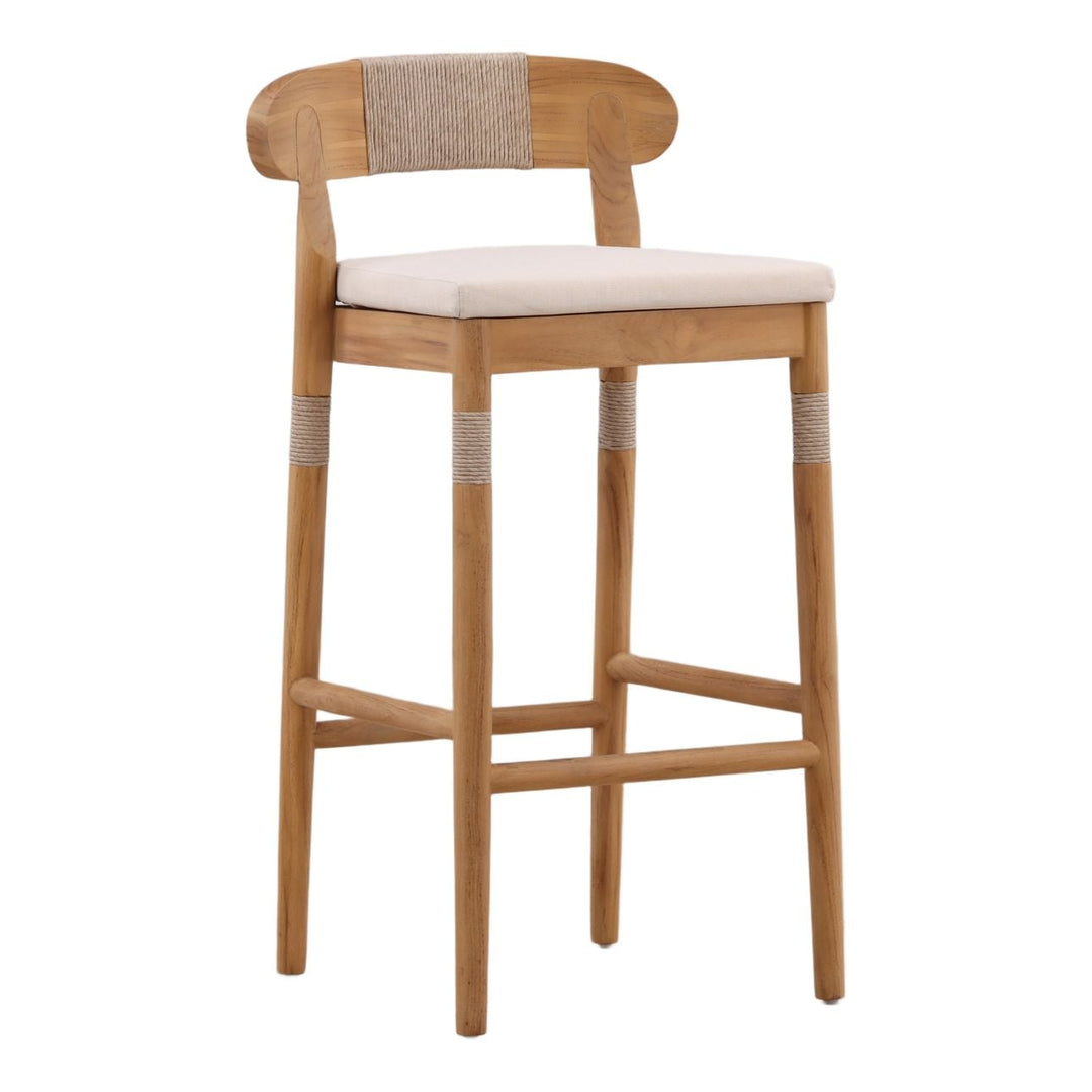 Lunelle Sand Woven Teak Outdoor Bar Stool, three-quarter studio view