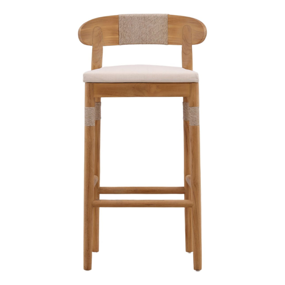 Lunelle Sand Woven Teak Outdoor Bar Stool, front view