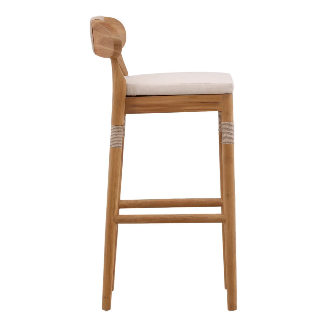 Lunelle Sand Woven Teak Outdoor Bar Stool, profile view