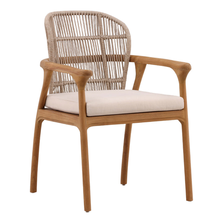 Cove Rattan and Teak Outdoor Dining Chair, three-quarter studio view