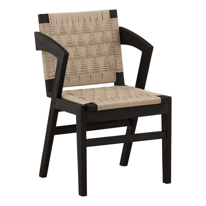 Deira Sand and Black Wicker Dining Chair, three-quarter studio view