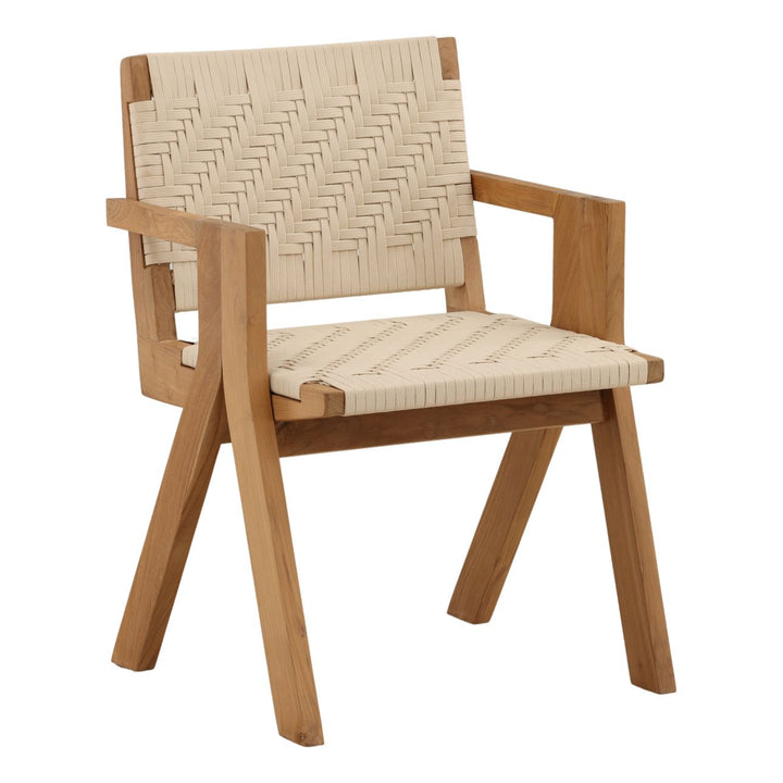 Mera Cream Rope and Teak Outdoor Dining Chair, three-quarter studio view