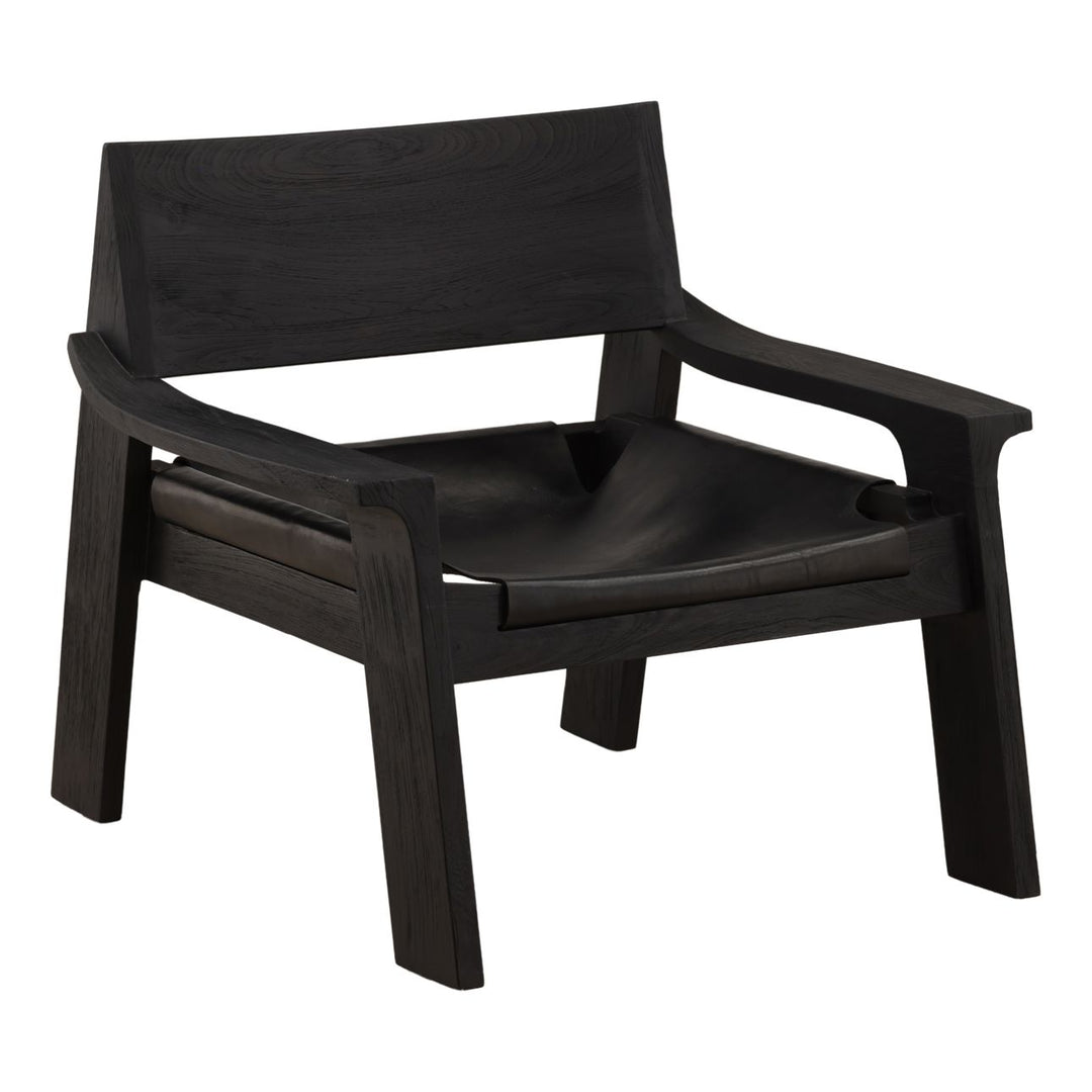 Orell Black Leather and Teak Lounge Chair, three-quarter studio view