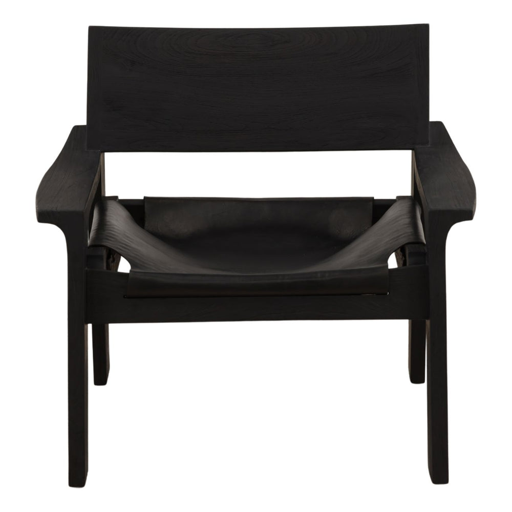 Orell Black Leather and Teak Lounge Chair, front view