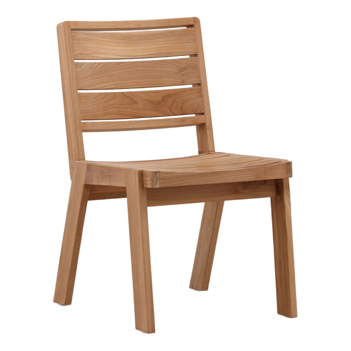 Yana Natural Teak Outdoor Dining Chair, three-quarter studio view
