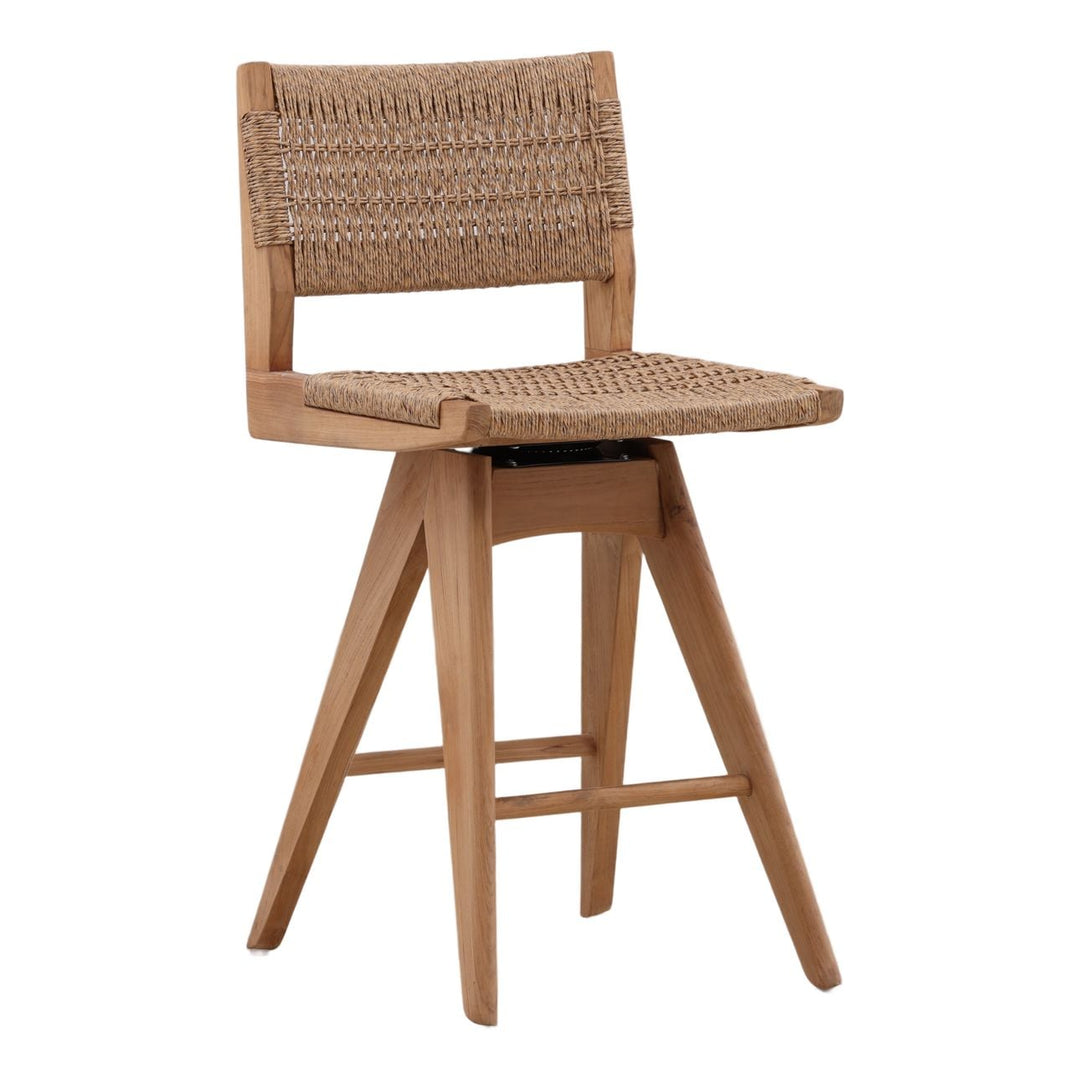 Aralen Woven Teak Outdoor Swivel Counter Stool, three-quarter studio view