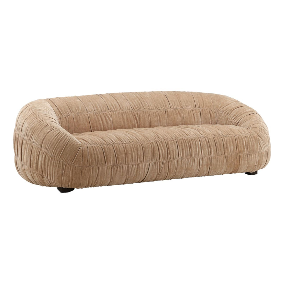 Laurelren Sand Velvet Sofa, three-quarter studio view