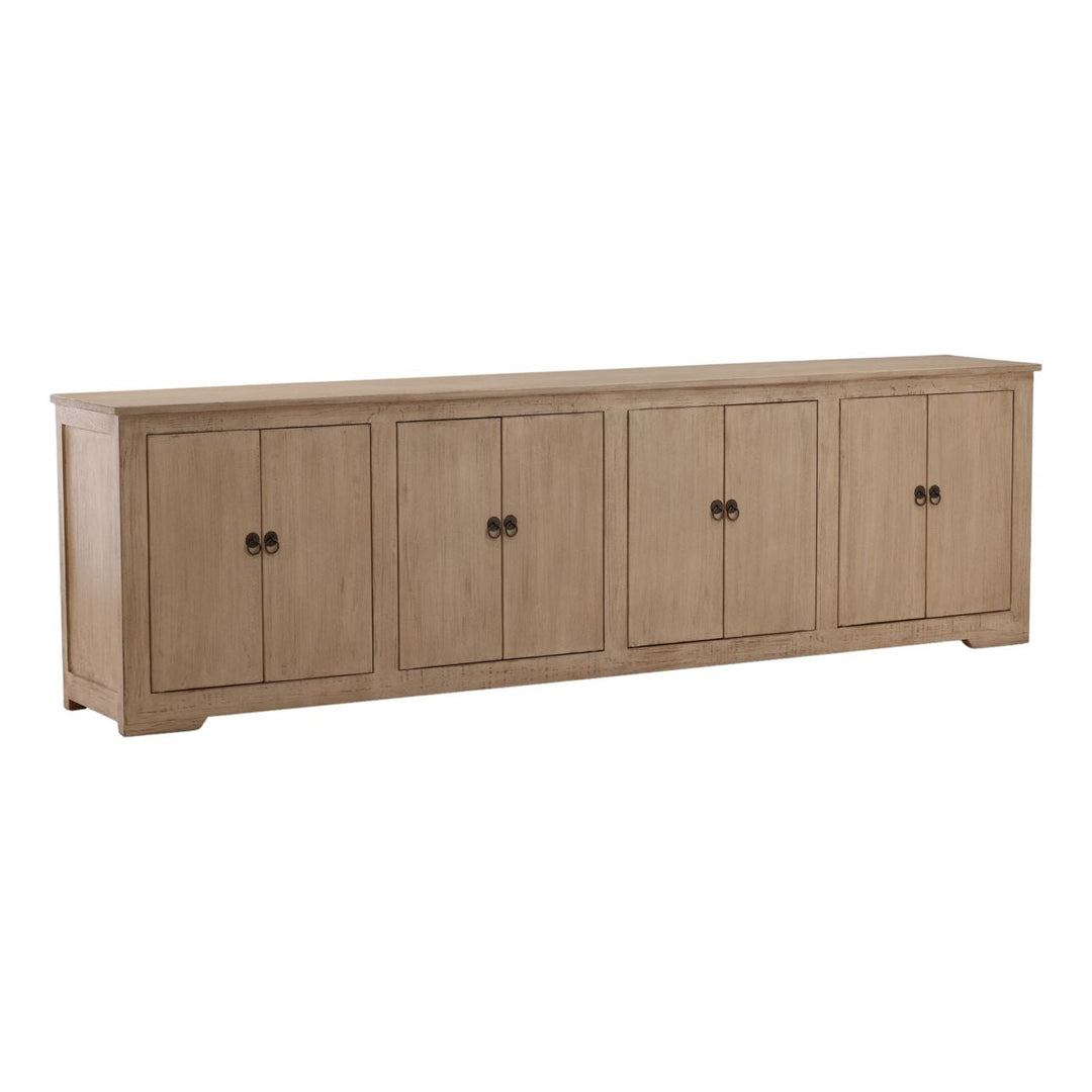 Nikos Reclaimed Pine Sideboard, Light Warm Wash · Eight Door, three-quarter studio view