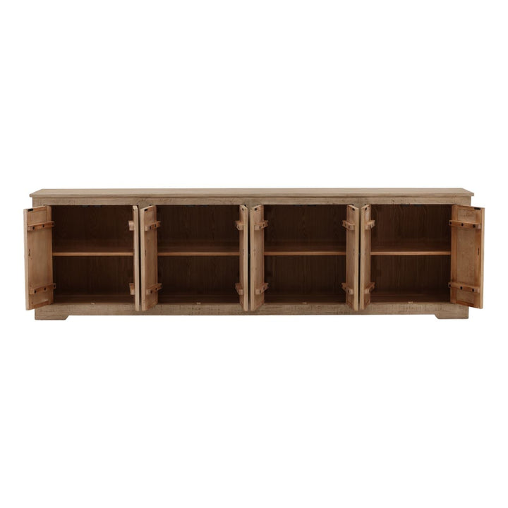 Nikos Reclaimed Pine Sideboard, Light Warm Wash · Eight Door, open door view