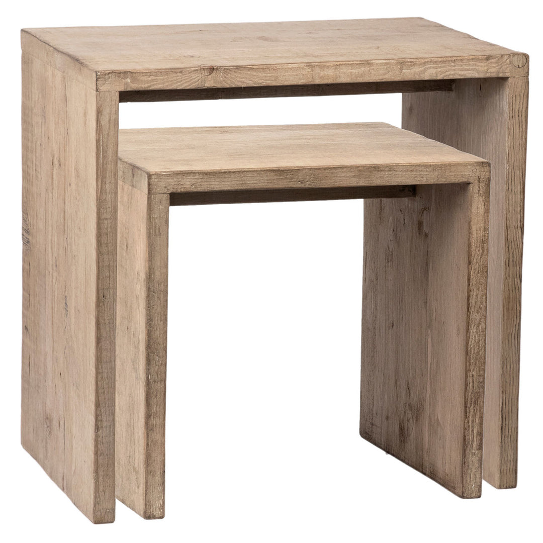 Merrick Reclaimed Pine Nesting Tables, three-quarter studio view