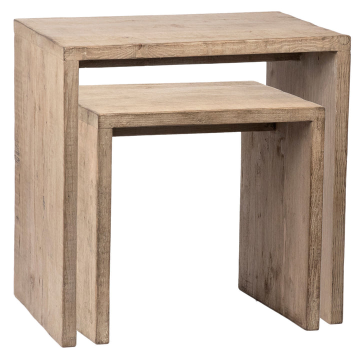 Merrick Reclaimed Pine Nesting Tables, three-quarter studio view