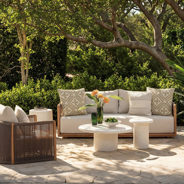 Zosren Sand Teak Outdoor Sofa, lifestyle view