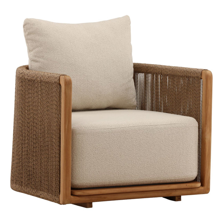 Zosren Sand Teak Outdoor Lounge Chair, three-quarter studio view