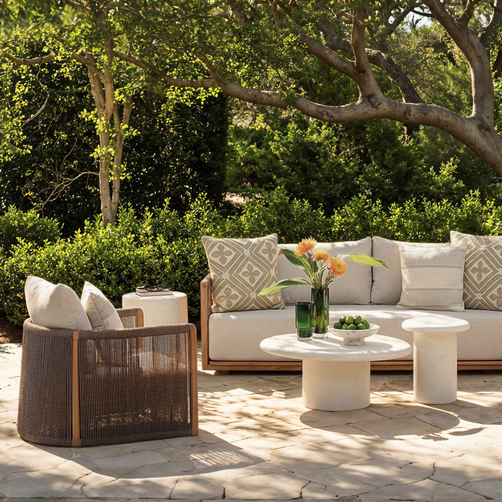 Zosren Sand Teak Outdoor Lounge Chair, lifestyle view