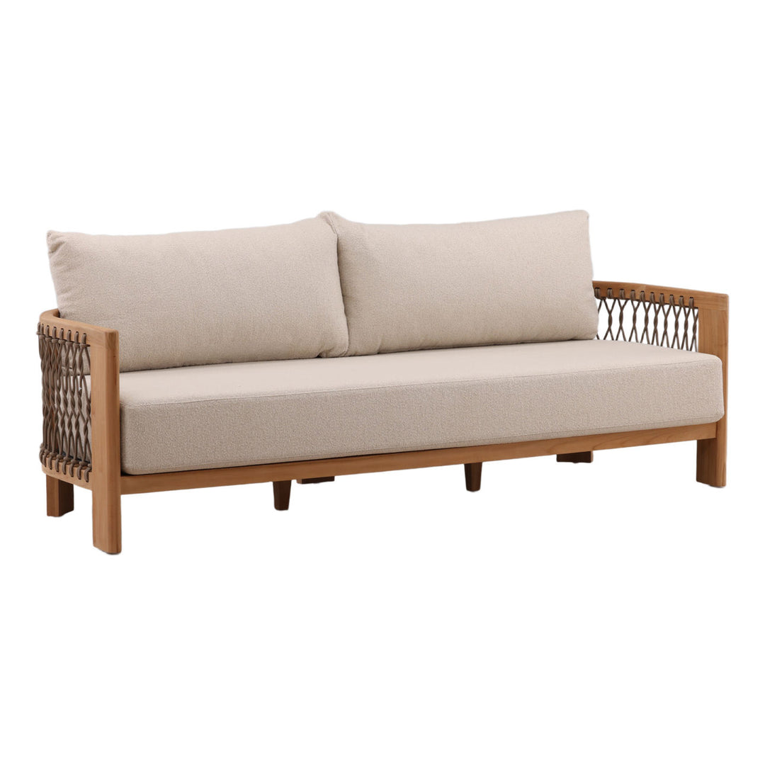 Mersren Sand Teak Outdoor Sofa, three-quarter studio view